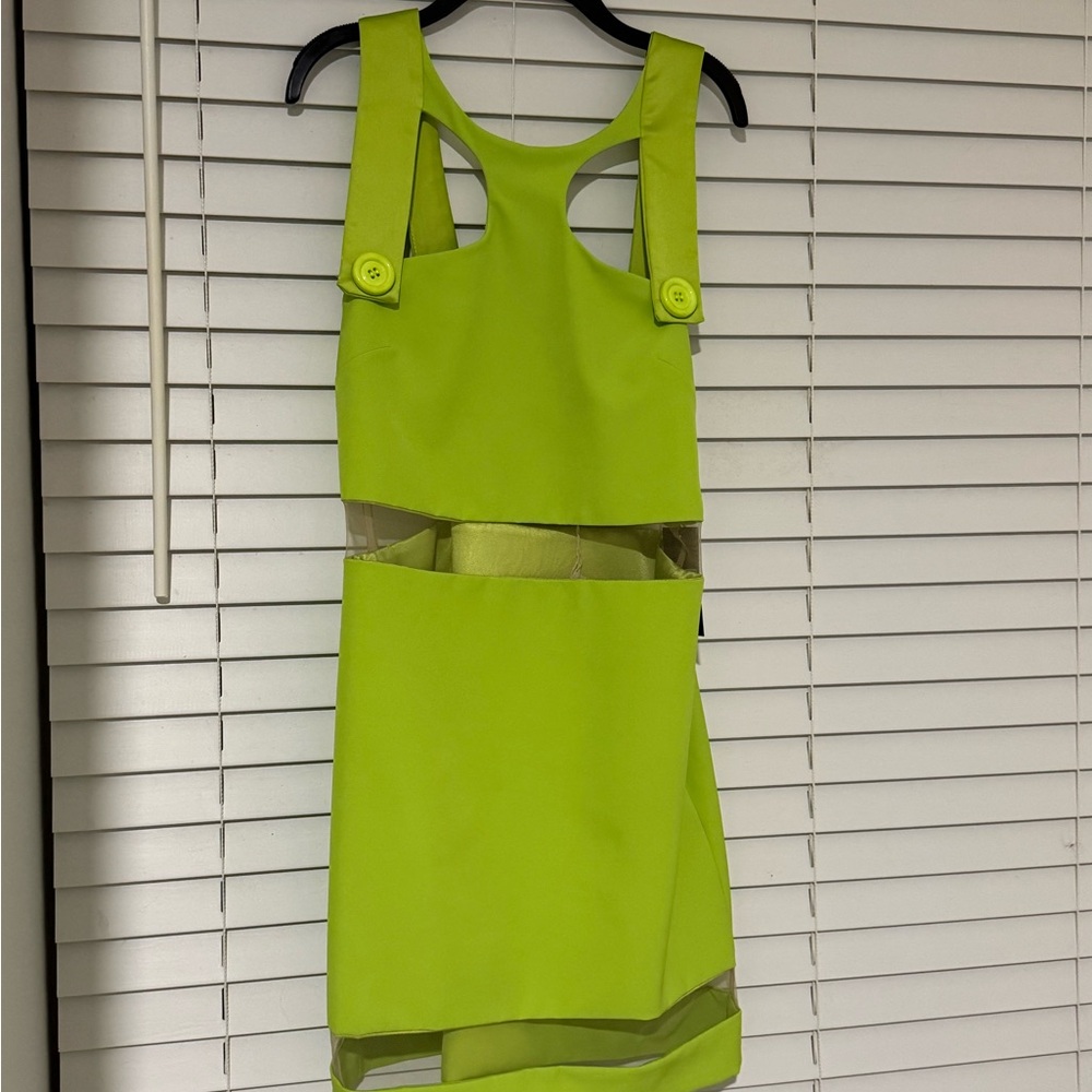 Neon Lime Cutout Mini Dress with Button-Strap Detail